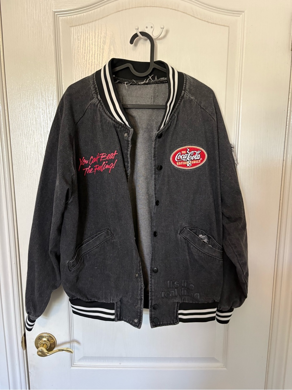 Coca Cola Black & White Rib-Trim Varsity Bomber Jacket
